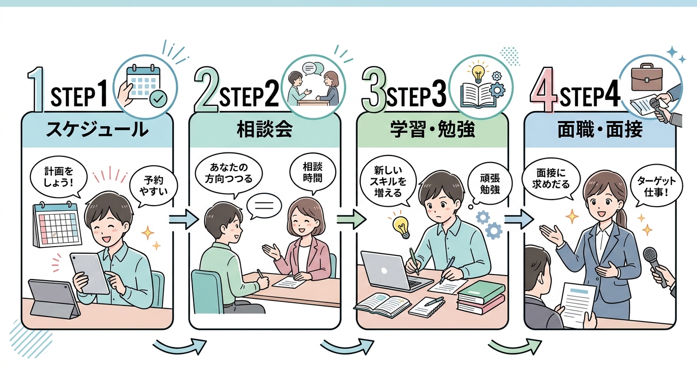 無料相談からスキル学習、就職支援を経て内定獲得までの4ステップの流れ
