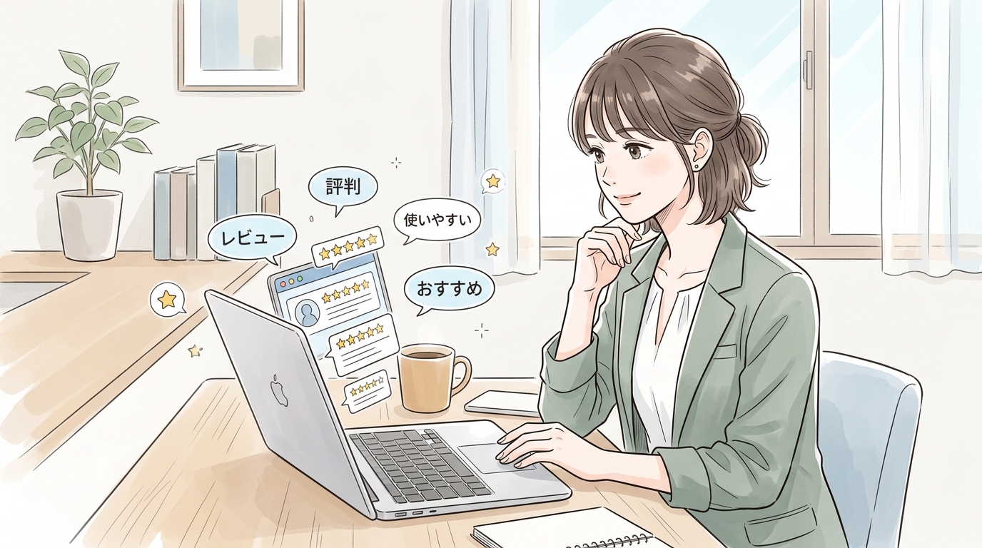パソコンで高評価のレビューやおすすめ情報を確認し、安心感を得ている女性